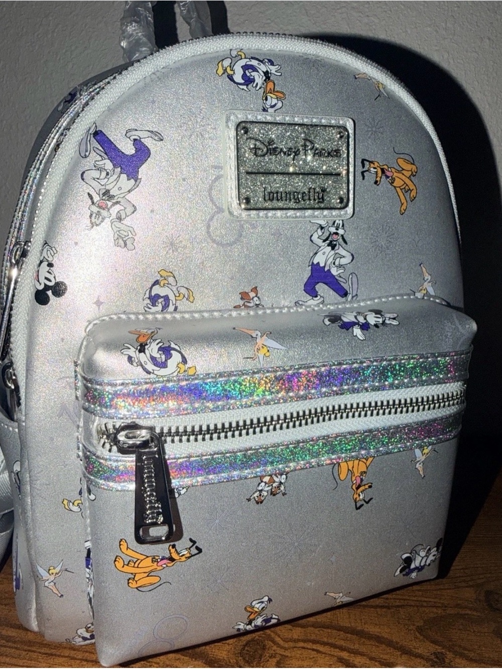 NWT Disney Parks 100 Years Loungefly Mini Backpack Silver Sparkle NWT